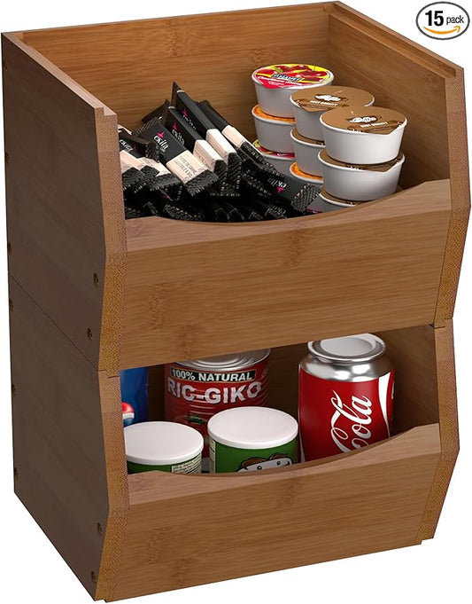 2 Set Open Front Small Stackable Storage Bins, Bamboo Stacking Storage Bins Snack Tea Bags Fruits Spices Countertop Storage, Rustic Organizer Bins for Pantry, Kitchen, Office, Bedroom (Small Walnut)