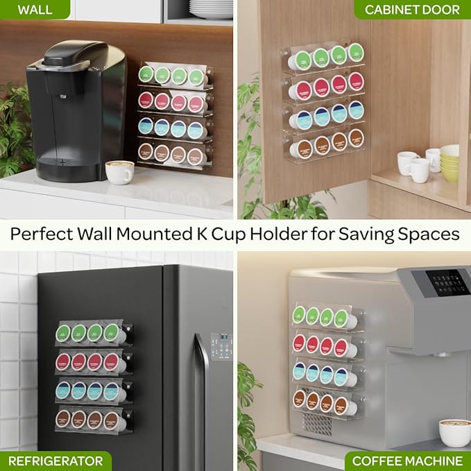 K Cup Holders, Acrylic Coffee Pods Organizer Stand Magnetic & Self-Adhesive Wall Mounted K Cup Stand for Kitchen Wall, Cabinet, Fridge (4 Pack for 16 Pods)