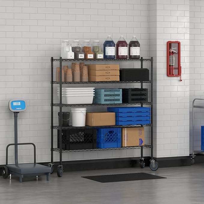 Commercial NSF Listed Black Epoxy Mobile Wire Shelving Kit 12" x 54" x 60", with 5 Shelves Perfect for Warehouse, Walk-in Refrigerator, Freezer, Grocery Store, Restaurant, Dishroom