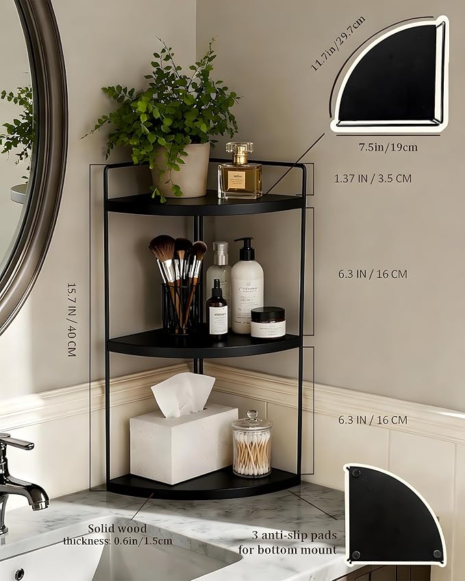 Corner Bathroom Countertop Organizer, 3-Tier Rustic Wood Corner Shelf with Sturdy Metal Frame, Waterproof Vanity Storage for Cosmetics & Toiletries, Space Saving Rack for Kitchen, Black