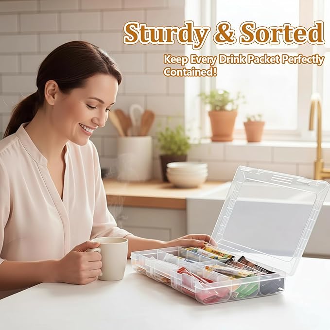 Drink Packet Organizer – Stackable Clear Acrylic Water Flavor Packet Organization with Removable Dividers & Secure Lid for Kitchen, Countertop, Pantry