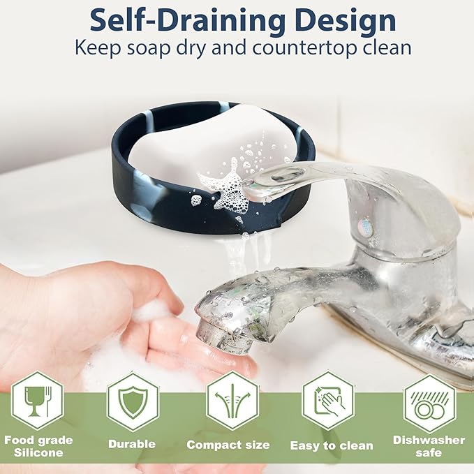 Self Draining Soap Dish, Silicone Soap Holder with Suction Cup and Drain Spout, Kitchen Bathroom Sink Organizer, Dish Soap Bar Tray Savers Sponge Holder, Perfect for Dispenser, Scrubber, Bottle, Cup
