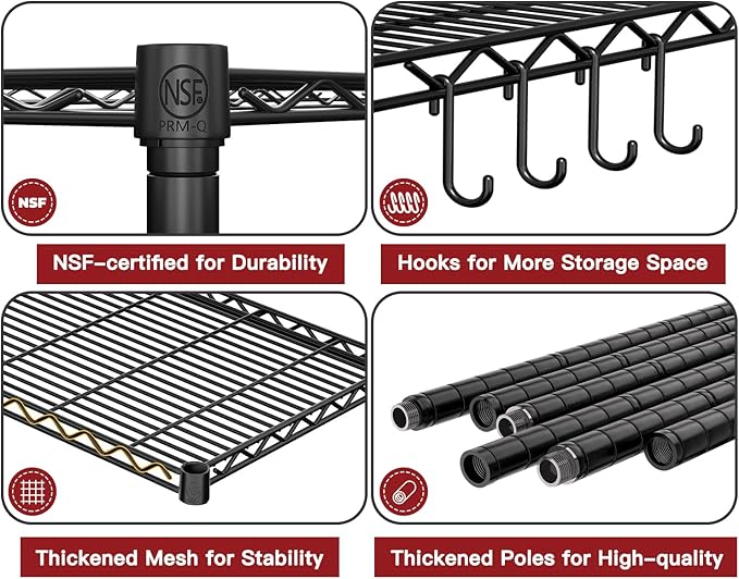 PrimeZone 2 Pack 72"W x 16''D x 76''H Metal Storage Wire Shelves - 5 Tier Heavy Duty Standing Garage Shelving Unit, Adjustable Steel Wire Rack Utility Shelf for Warehouse Kitchen Pantry Corner, Black