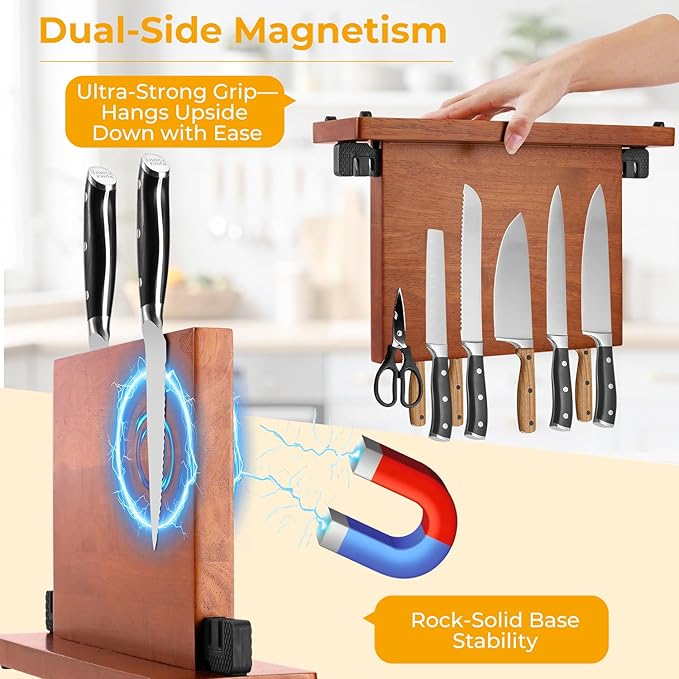 Magnetic Knife Block with Sharpener, Double-Sided Magnetic Holder & Knife Sharpening Stone,Wood Countertop Knives Block Holder,Knives Storage Organizer Rack, No Knives Included