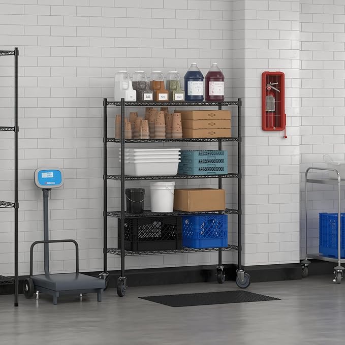 Commercial NSF Listed Black Epoxy Mobile Wire Shelving Kit 14" x 42" x 60", with 5 Shelves Perfect for Warehouse, Walk-in Refrigerator, Freezer, Grocery Store, Restaurant, Dishroom