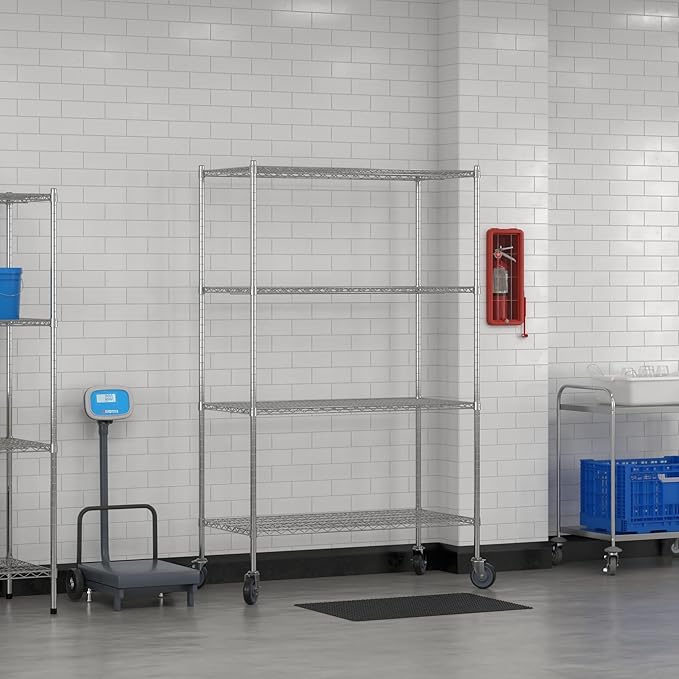 Commercial NSF Listed Chrome Mobile Wire Shelving Kit 24" x 48" x 80", with 4 Shelves Perfect for Warehouse, Walk-in Refrigerator, Freezer, Grocery Store, Restaurant, Dishroom