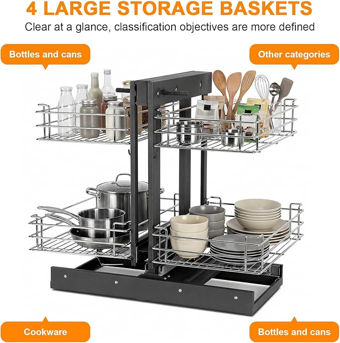 Left & Right Blind Corner Cabinet Organizer 2 Tier Wire Bottom Storage Basket 4 Shelves Conseal Corner Pull Out Shelf for Bowls Dishes Seasoning Bottle