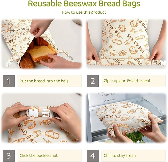 2 Pack XL Beeswax Bread Bags with Zipper Seal – Reusable Cotton Linen Waxed Bread Bags for Homemade Bread, Sourdough Storage, Eco-Friendly Bees Wax Bag Alternative to Plastic (2Pack)