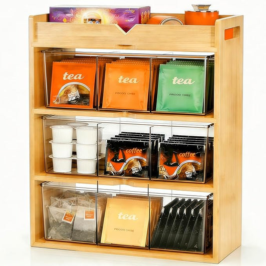 4 Tier Bamboo Tea Bag Storage Organizer, 15.5" x 11" x 5.3" Vertical Tea Packet Rack with Acrylic Drawer, Store Over 180 Tea Bags Wood Tea Station for Creamers Countertop Office Kitchen