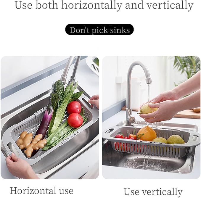Adjustable Dish Drainer Dish Rack Over The Sink,Drying Rack, Extendable Vegetable Fruit Washing Basket, Collapsible Strainer Basket,Plastics(Grey+White)