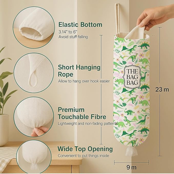 The Bag Bag Grocery Bags Holder, Dinosaur Pattern Grocery Bags Holder Organizer For Shopping Sack, Reusable Hanging Trash Sack Dispenser, Kitchen Gift For Women Family Friends