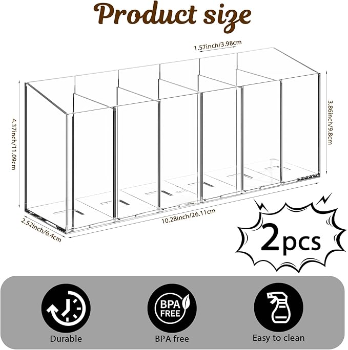 2 Pcs Drink Packet Organizer, Water Flavor Packet Organizer with Removable Dividers, 6-Compartment Clear PET Storage Box for Pantry, Kitchen, Office - 10.28 x 2.52 x 4.37 Inches