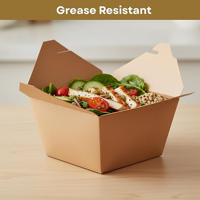 Kraft Paper Take-Out Boxes, PFAS-Free, Grease Resistant, Durable Disposable Food Containers, Microwave/Freezer Safe, Stackable Paperboard for Meal Prep, Catering, Leftovers & Restaurants, 8.4x6.3x1.9