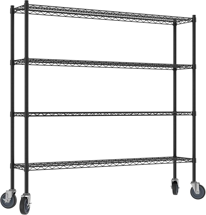 Commercial NSF Listed Black Epoxy Mobile Wire Shelving Kit 12" x 60" x 60", with 4 Shelves Perfect for Warehouse, Walk-in Refrigerator, Freezer, Grocery Store, Restaurant, Dishroom