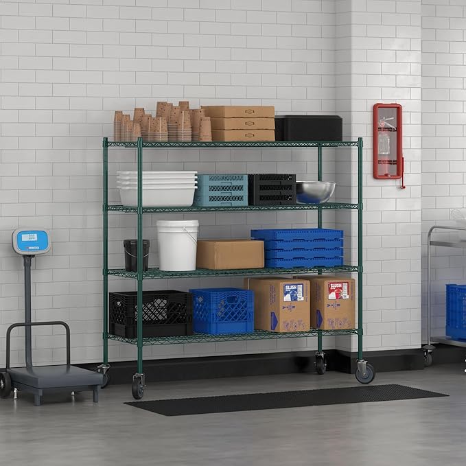 Commercial NSF Listed Green Epoxy Mobile Wire Shelving Kit 21" x 60" x 60", with 4 Shelves Perfect for Warehouse, Walk-in Refrigerator, Freezer, Grocery Store, Restaurant, Dishroom