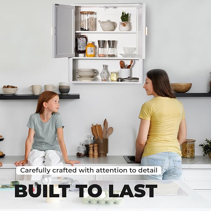 Pre-Assembled Wall Mounted Medicine Cabinet – 2-Door Bathroom Storage Cabinet with Fixed Shelf, Space-Saving Over-The-Toilet Organizer for Small Bathrooms, Living Room, Kitchen or Laundry (White)