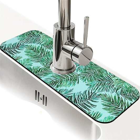 Kitchen Sink Splash Guard，Green palm leaves Faucet Mat Sink Gadgets-Super Absorbent Fast Drying Mat Drip Catcher for Kitchen, Bathroom,Sink Mat, Dish Drying Mat, Bathroom(15" X 5.5" )