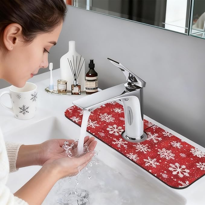 Sink Faucet Mat Winter Snowflake Kitchen Splash Guard Absorbent Bathroom Sink Mat Around Faucet 15" x 5.5" Drying Mats Stone Draining Mat