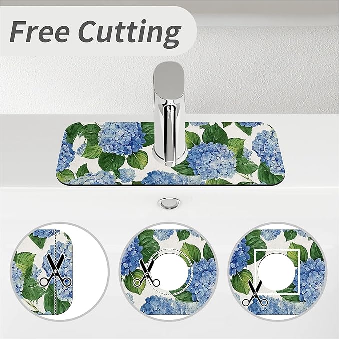 Kitchen Sink Splash Guard，Blue hydrangea Faucet Mat Sink Gadgets-Super Absorbent Fast Drying Mat Drip Catcher for Kitchen, Bathroom,Sink Mat, Dish Drying Mat, Bathroom(15" X 5.5" )