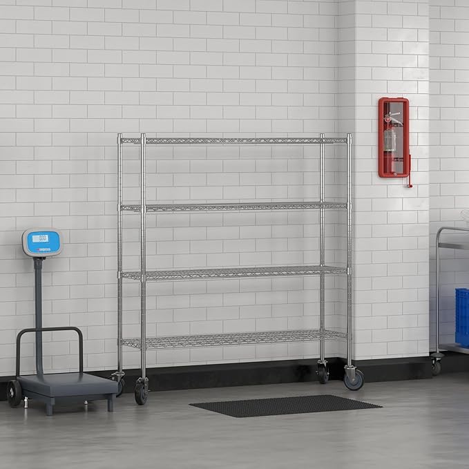 Commercial NSF Listed Chrome Mobile Wire Shelving Kit 14" x 54" x 60", with 4 Shelves Perfect for Warehouse, Walk-in Refrigerator, Freezer, Grocery Store, Restaurant, Dishroom