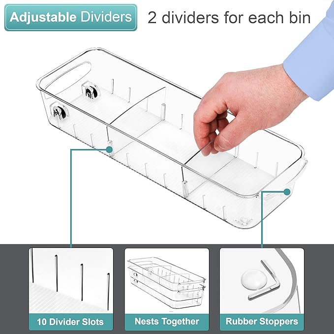Sorbus Fridge Organizer on Wheels - Rolling Fridge Organizers and Storage Clear Design with Dividers & Handles for Kitchen Organization and Storage (Flat Top, Small - 2 Pack)