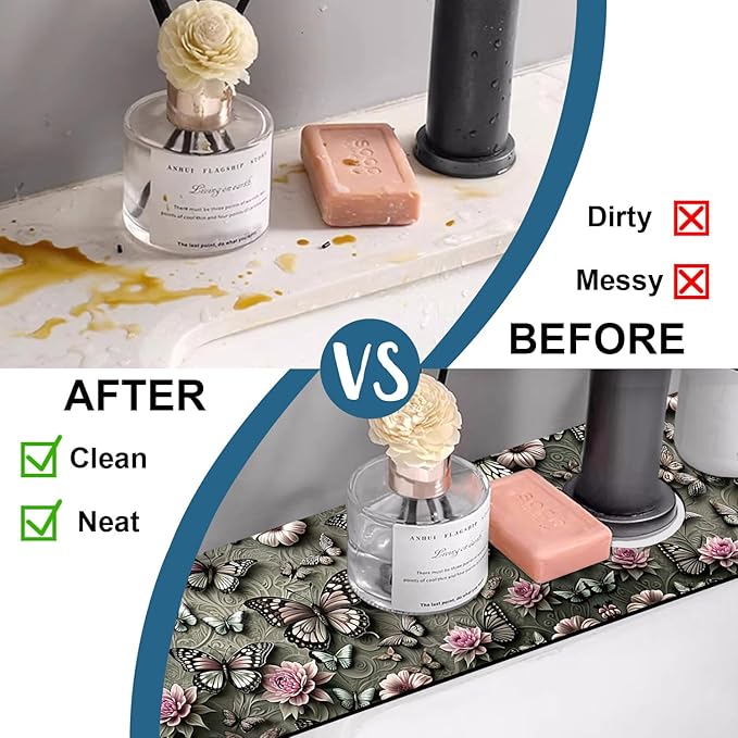 Cute Butterfly Sink Faucet Absorbing Mat Pink Flower Super Absorbent Fast Drying Mat Sink Gadgets Behind Faucet Sinkmat for Kitchen Bathroom, 23.5"x5.5"