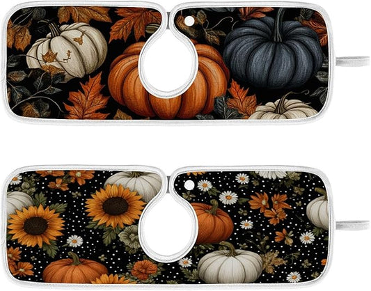 2 PCS Kitchen Sink Splash Guard 14.9 Inch Faucet Mat for Kitchen Sink Bathroom Sink Faucet Absorbing Drip Drain Mat Pad Microfiber Soft Washable Black Autumn Pumpkins Flowers Maples