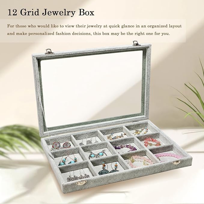 Stratalife Jewelry Holder Organizer Jewelry Organizer Box Bracelet Storage Velvet Jewelry Tray with Clear Lid Jewelry Drawer Organizer Jewelry Display Tray 12 Grid Grey