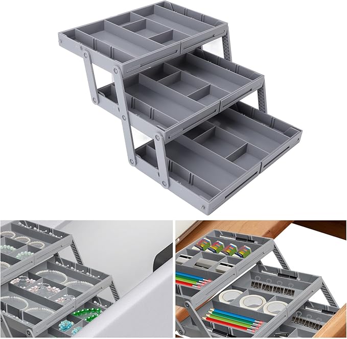 Drawer Organizer, Expandable Foldable Versatile Bathroom and Vanity Desk Drawer Organizer Trays, Plastic Storage for Makeup, Bedroom, Jewelry, Kitchen Utensils and Office (3