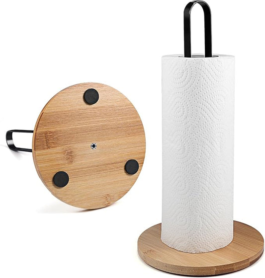 Paper Towel Holder Countertop Standing Paper Roll Holder with Anti-Slip Base Paper Towel Holders for Kitchen Roll Holder Bamboo & Stainless Steel,Black