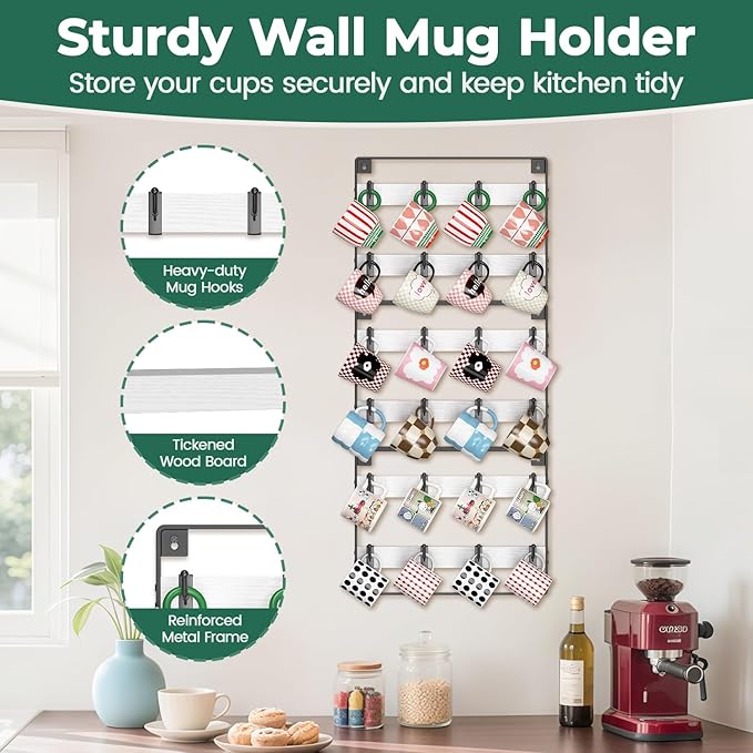 EsLuker.ly Mug Holder Hanger Rack Wall Mounted Wooden 3 Pack Coffee Cup Storage Organizer Display Shelf with 24 Removable Plastic Hooks, Ideal for Mug Collectors, White-Black