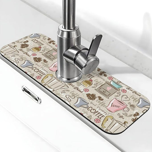 Coffee Time Vintage Espresso Machine Cupcakes Beans Kitchen Sink Splash Guard Faucet Mat 1 Pcs, Absorbent Fast Drying Mat Gadgets Splash Guard For Bathroom 15 X 5.5 Inches