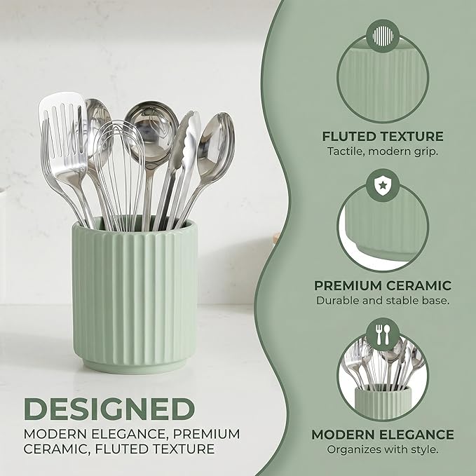 Cooking Utensils Holder for Kitchen Counter (H5.51” x W4.92”), Ceramic Crock for Kitchen Utensils, Cooking Spoon Holder for Countertop, Includes Silicone Drying Mat Green