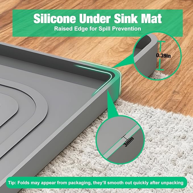 Aisslro Under Sink Mat 25" X 19", Waterproof Silicone Under Sink Mats for Kitchen, Anti-Leak Shelf Liner & Cabinet Protector with Raised Edge, [BPA Free] Bathroom Tray Home Organizer, Gray
