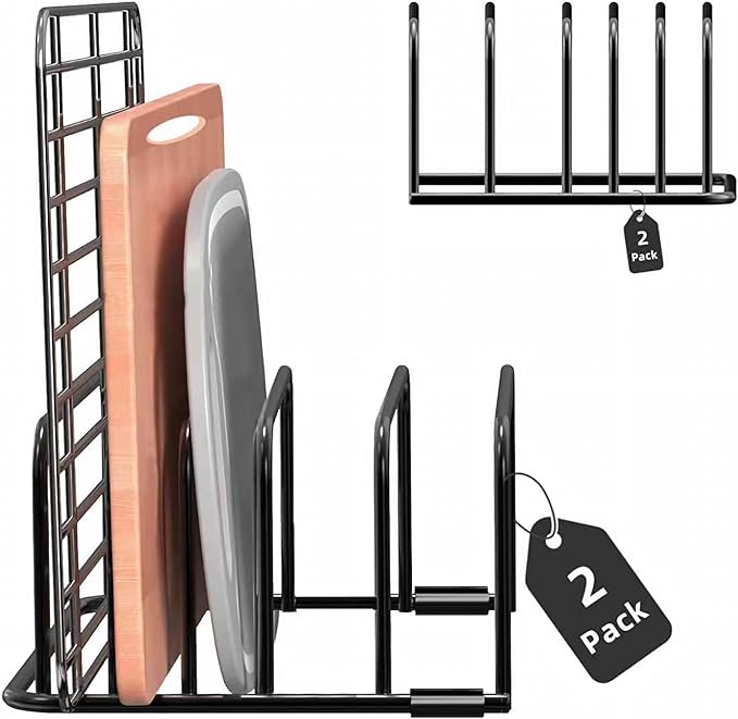 Kitchen Organizer Rack - 5-Slot Heavy Duty Cabinet Storage Organizer for Cutting Boards, Baking Sheets, Pans, Cookie Sheets with Anti-Slip Feet, Countertop or Inside Cabinet (BLACK-X-2 Pack)
