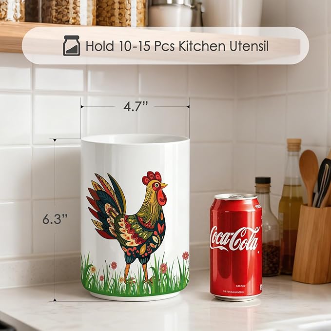 Ceramic Utensil Holder for Kitchen Counter,Rooster Chicken Kitchen Decor Large Cooking Utensil Crocks,for Farmhouse,Decorations Indoor Rustic Farmhouse 6.3"+4.7"(Chicken decorations)