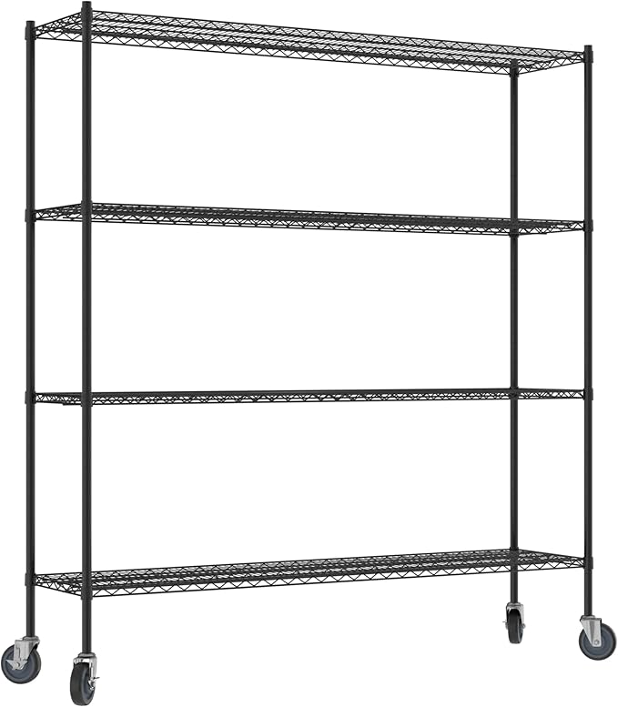 Commercial NSF Listed Black Epoxy Mobile Wire Shelving Kit 18" x 72" x 80", with 4 Shelves Perfect for Warehouse, Walk-in Refrigerator, Freezer, Grocery Store, Restaurant, Dishroom