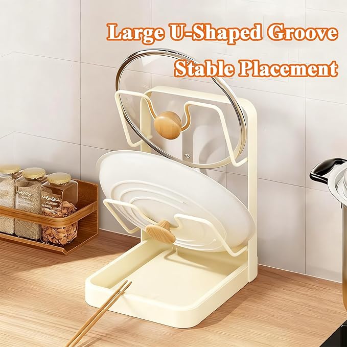 Kitchen Pot Lid Storage Rack, Pot Lid Holder While Cooking with Tray, Multifunctional Holder and Spoon Rest, Pot Lid Organizer Rack for Stove Top Countertop, Pot Keeper Collector (White-Double-layer)