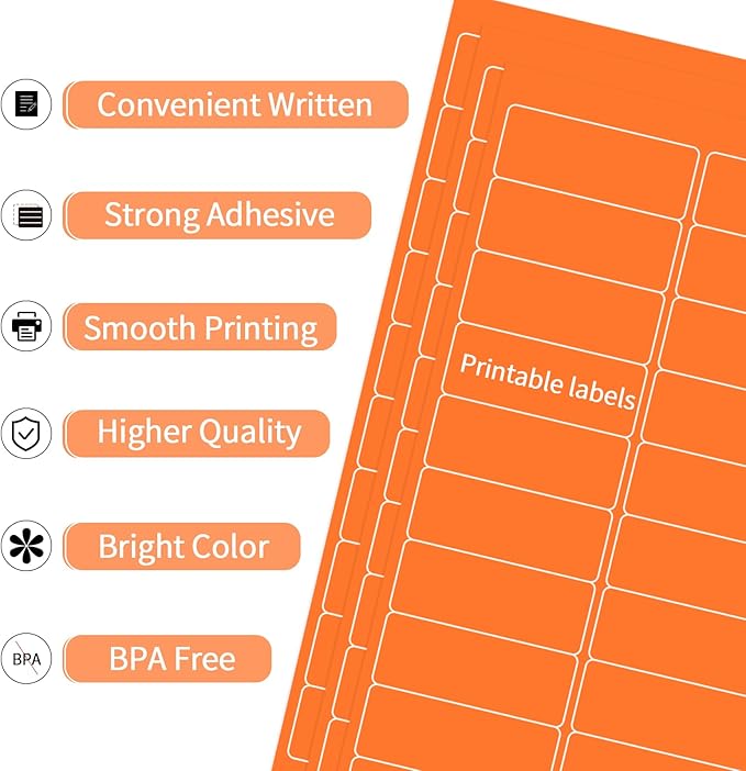 YEGAWEN - 8-1/2 x 11 Neon Color High Light Labels for Laser & Inkjet Printer, Strong Adhesive (Orange, 1" x 2-5/8" - 30 Per Page | 600 Labels)