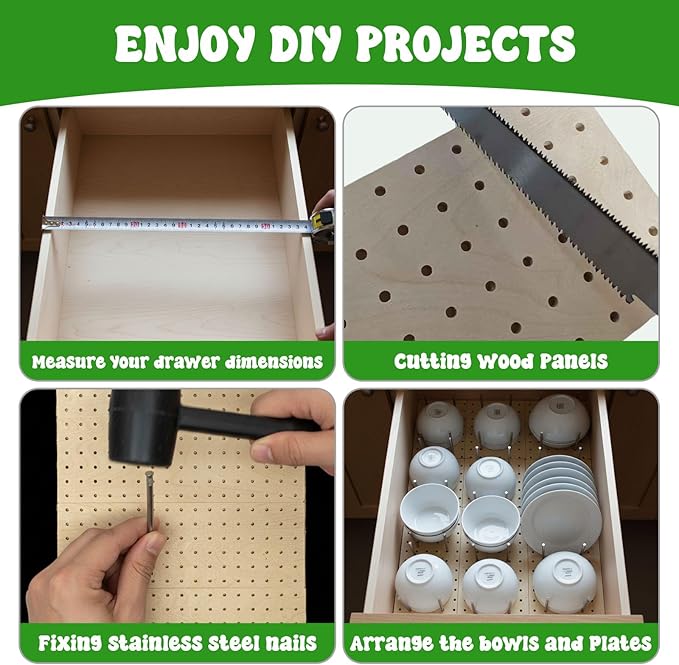 6-Pack Wood Pegboard Drawer Organizer-Unbroken Legs, with 48 Stainless Steel Pegs&Hand Saw, Adjustable Peg System for Plates, Bowls, Dishes, Utensils (35.4"x17")