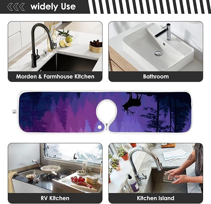 2 PCS Kitchen Sink Splash Guard 23.6 Inch Faucet Mat for Kitchen Sink Bathroom Sink Faucet Absorbing Drip Drain Mat Pad Microfiber Soft Washable Purple and Green Stag Forest Trees