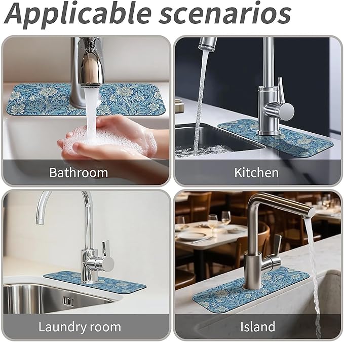 Kitchen Sink Splash Guard，Blue flowers forest Faucet Mat Sink Gadgets-Super Absorbent Fast Drying Mat Drip Catcher for Kitchen, Bathroom,Sink Mat, Dish Drying Mat, Bathroom(15" X 5.5" )