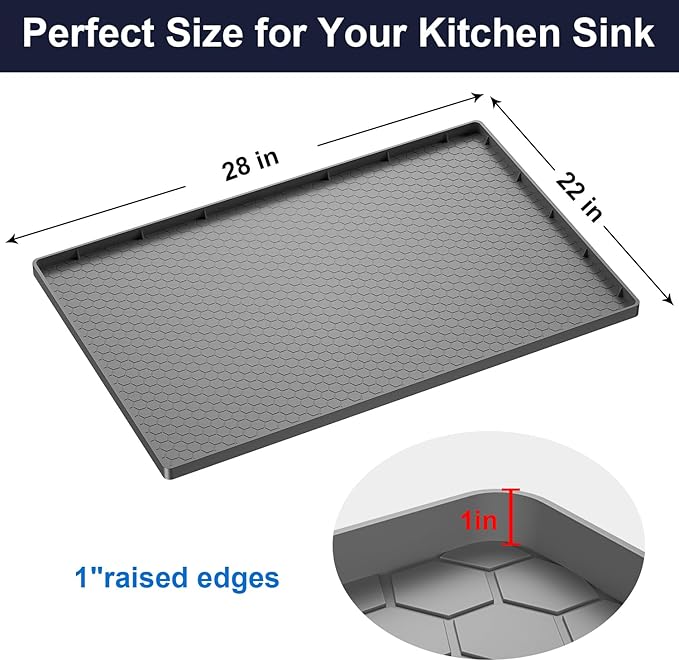 Under Sink Mat - Waterproof Kitchen Cabinet Tray - 28" x 22" Flexible Silicone Under Sink Liner with Drain Hole - Kitchen Bathroom Cabinet Mat and Protector for Drips Leaks Spills （Gray）