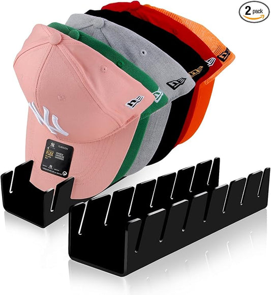 Hat Stand for Baseball Caps, 2 Pack No Install Acrylic Hat Organizer for 14 Baseball Caps Storage Organizer, Hat Racks Hat Holder Display and Organization for Closet, Bedroom, Dresser (Black-2Pack)