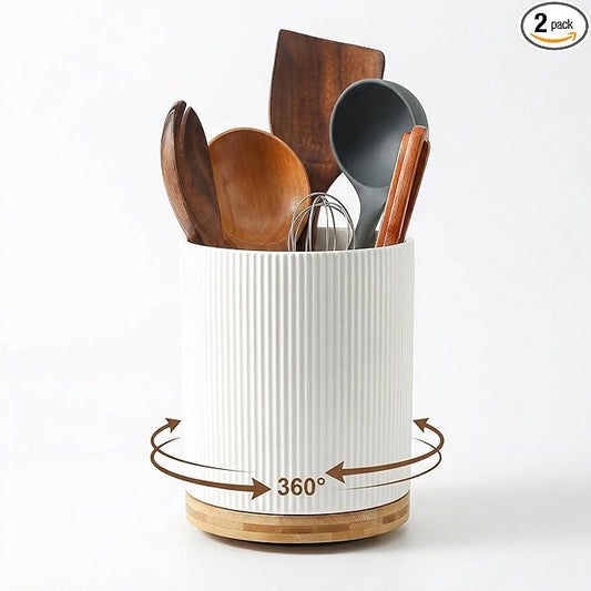 KSENDALO Large 360° Rotating Utensil Holder, Cream White 7.76" Premium Kitchen Crock for Cooking Utensils, Durable Countertop Storage for Home Kitchen