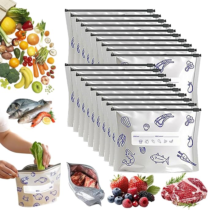Reusable Aluminum Foil Sealable Storage Bags, 2026 New Resealable Vacuum Zipper Pouches for Food, Thicken Stand Up Foil Freezer Bags with Label & Zip Lock for Vegetable Fruit Meat (M*20)