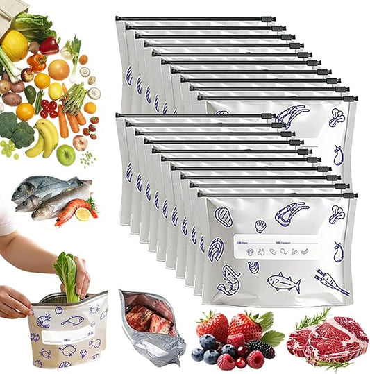 Reusable Aluminum Foil Sealable Storage Bags, 2026 New Resealable Vacuum Zipper Pouches for Food, Thicken Stand Up Foil Freezer Bags with Label & Zip Lock for Vegetable Fruit Meat (M*20)