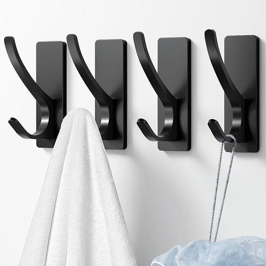 Josmimic Self Adhesive Towel Hooks: Extra Strong 13LB, Stainless Hook for Hanging Loofah, Towels, Coat, Bath Robe Bathroom Shower, Black, 4 Pack