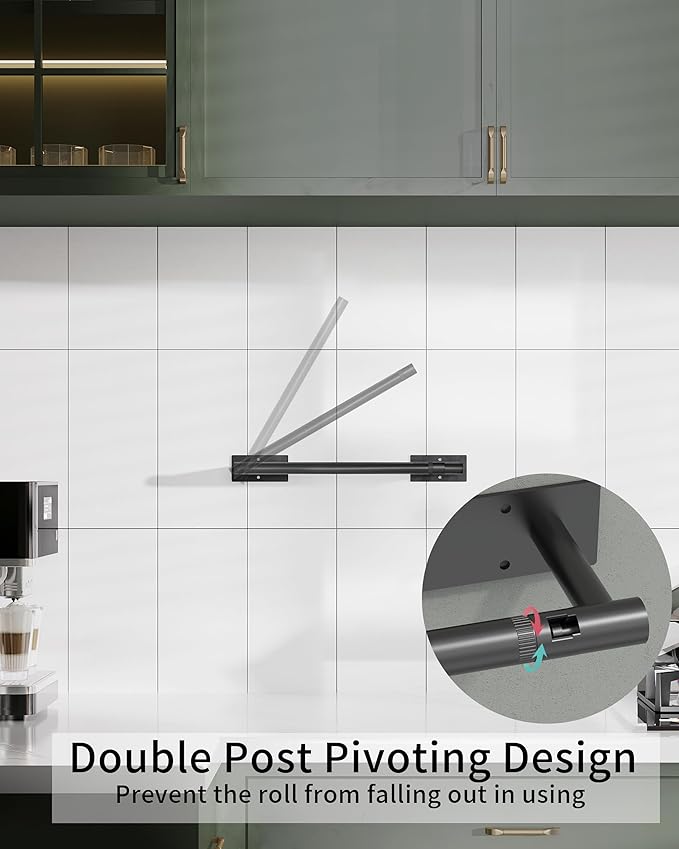 Paper Towel Holder Under Cabinet, Self Adhesive or Wall Mounted SUS304 Stainless Steel Paper Towel Holder for Kitchen, Bathroom(2 Towel Hooks, Matte Black)