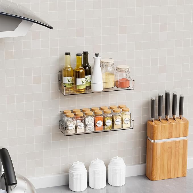 Yieach 4 Pack Acrylic Adhesive Spice Rack Wall Mount - 11.5x3.6 Inch, Clear Spice Shelf Storage Holder,4 Pack Stick on Hanging Spice Rack Organizer for Cabinet Door,Kitchen Wall,Rv,Inside Cabinets